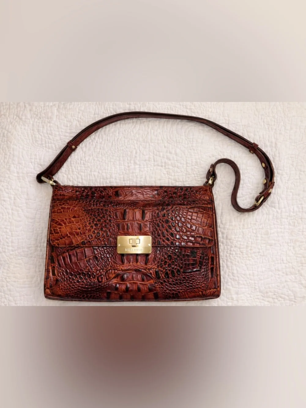 BRAHMIN Cognac Croc Embossed Leather Shoulder Bag Gold Hardware Textured Luxe
